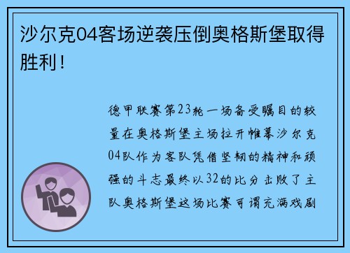 沙尔克04客场逆袭压倒奥格斯堡取得胜利！