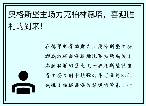 奥格斯堡主场力克柏林赫塔，喜迎胜利的到来！